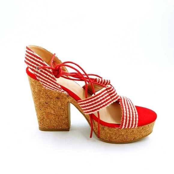 Yoki Womans Nolan 30 Fabric Lace Up High Heel Platform Sandals Red  Sz 8 M NEW - Picture 2 of 9